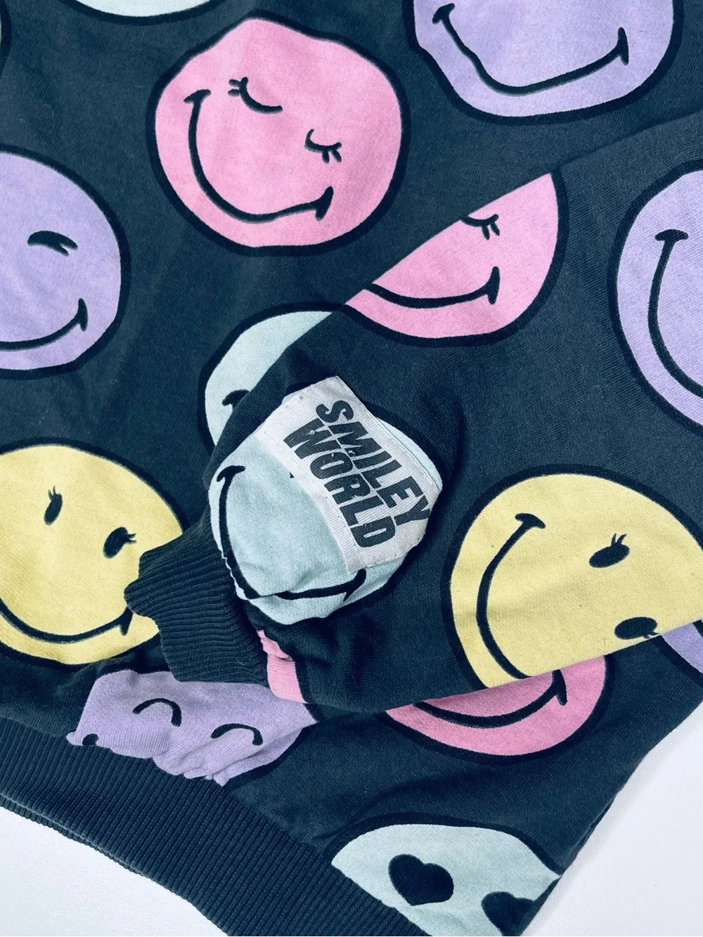 H&M Black Sweatshirt with Pastel Multicolor Smiley Faces